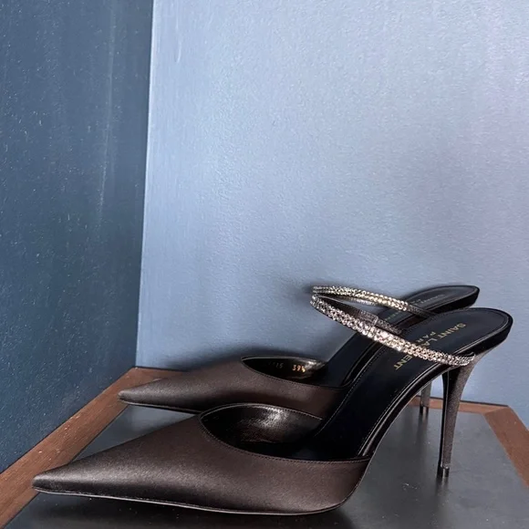 Saint Laurent Barbara Crystal embellished Satin Mule Heels - new in box - Picture 6 of 11